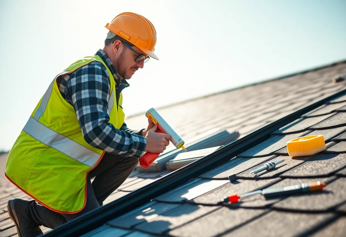 Person waterproofing a roof with sealant and tools