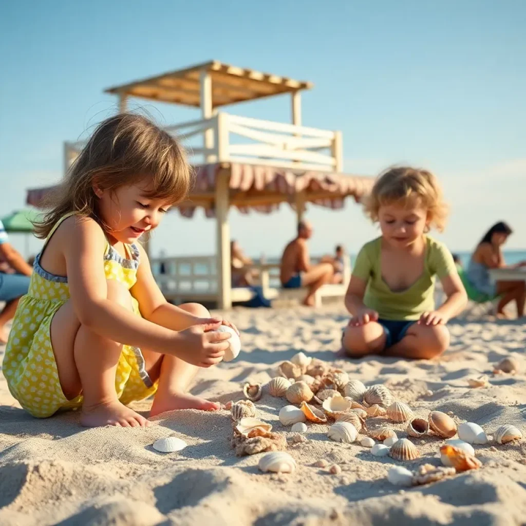 A family enjoying their beach vacation with children playing in sand and a beach shack in the background.