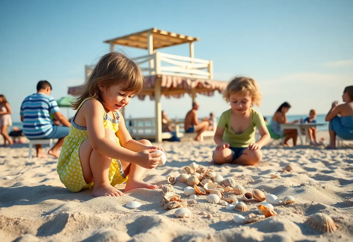 A family enjoying their beach vacation with children playing in sand and a beach shack in the background.