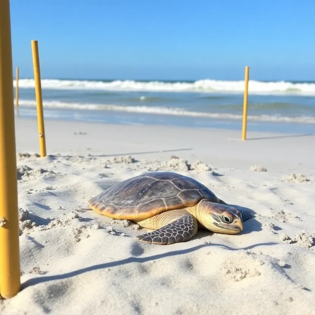 Sea turtle nest marked with golden poles on Hilton Head Island's beach.