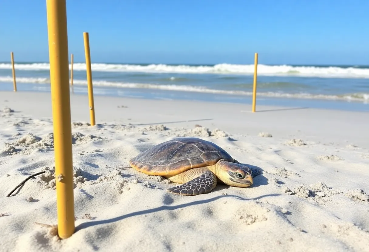 Sea turtle nest marked with golden poles on Hilton Head Island's beach.