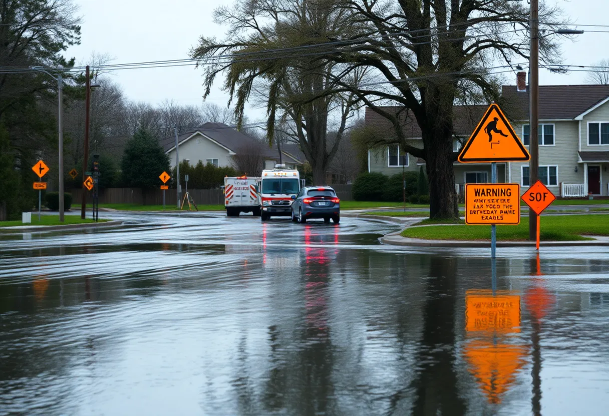 Flooded road with warning signs after thunderstorm in Hilton Head