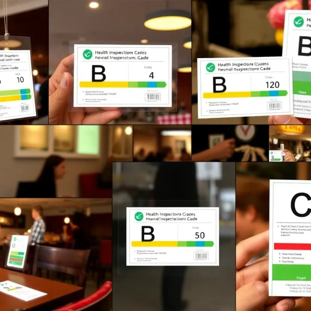 Health inspection grade cards displayed in front of local food establishments
