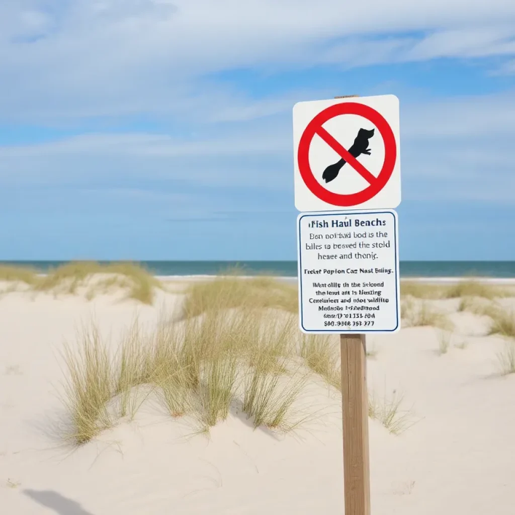 View of Fish Haul Beach with signage for dog ban to protect wildlife