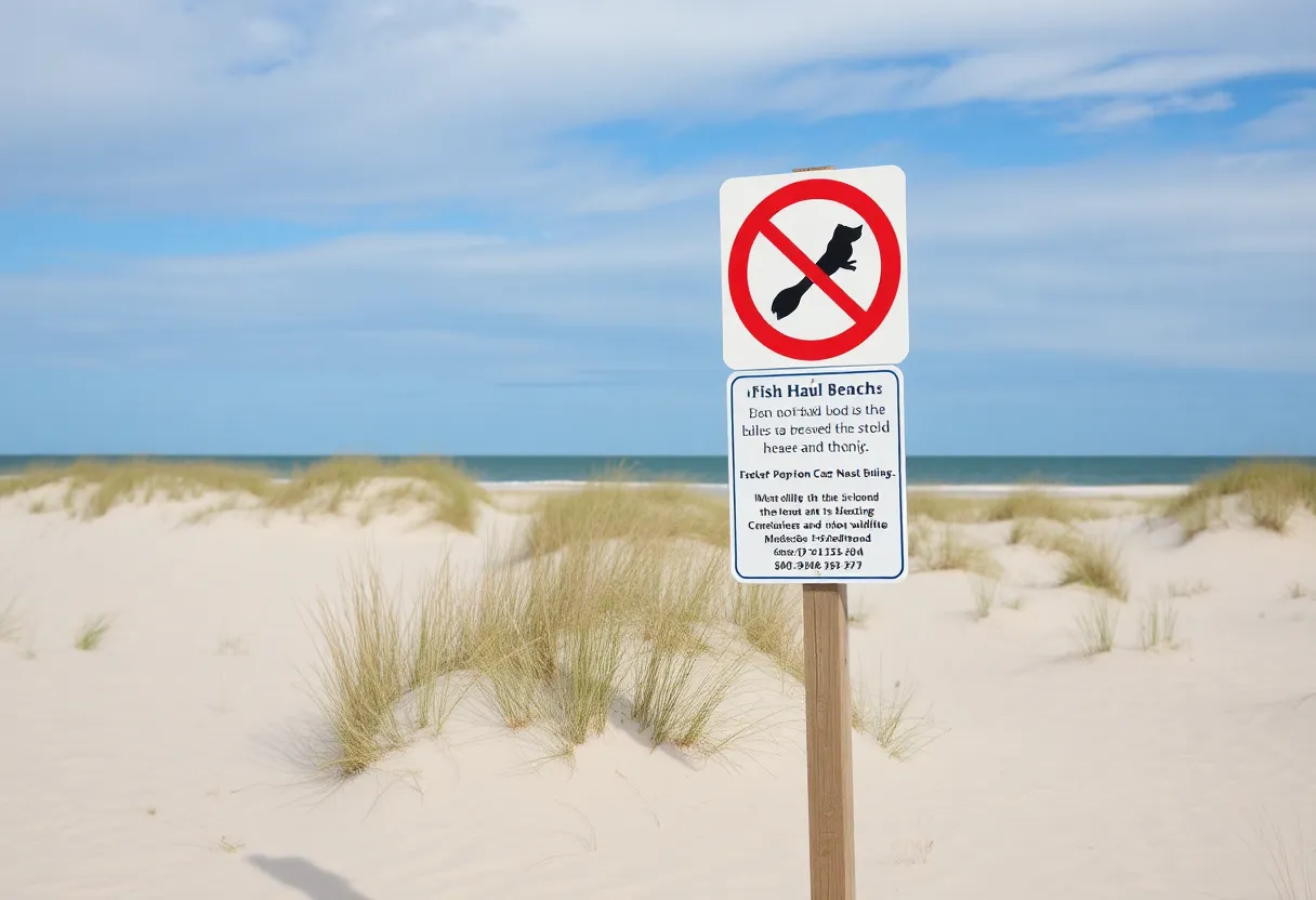 View of Fish Haul Beach with signage for dog ban to protect wildlife