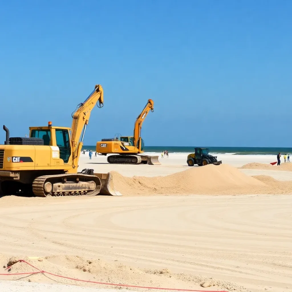 Beach renourishment project on Hilton Head Island with construction equipment and fresh sand.