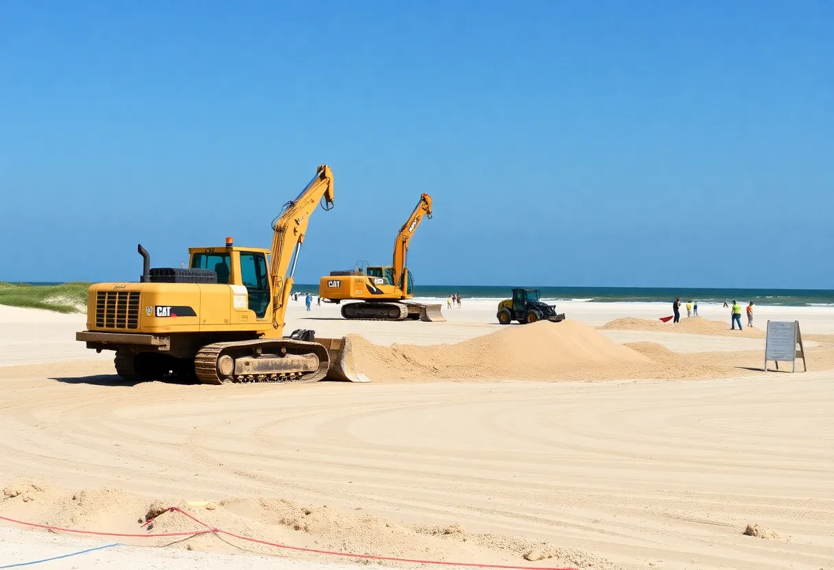 Beach renourishment project on Hilton Head Island with construction equipment and fresh sand.