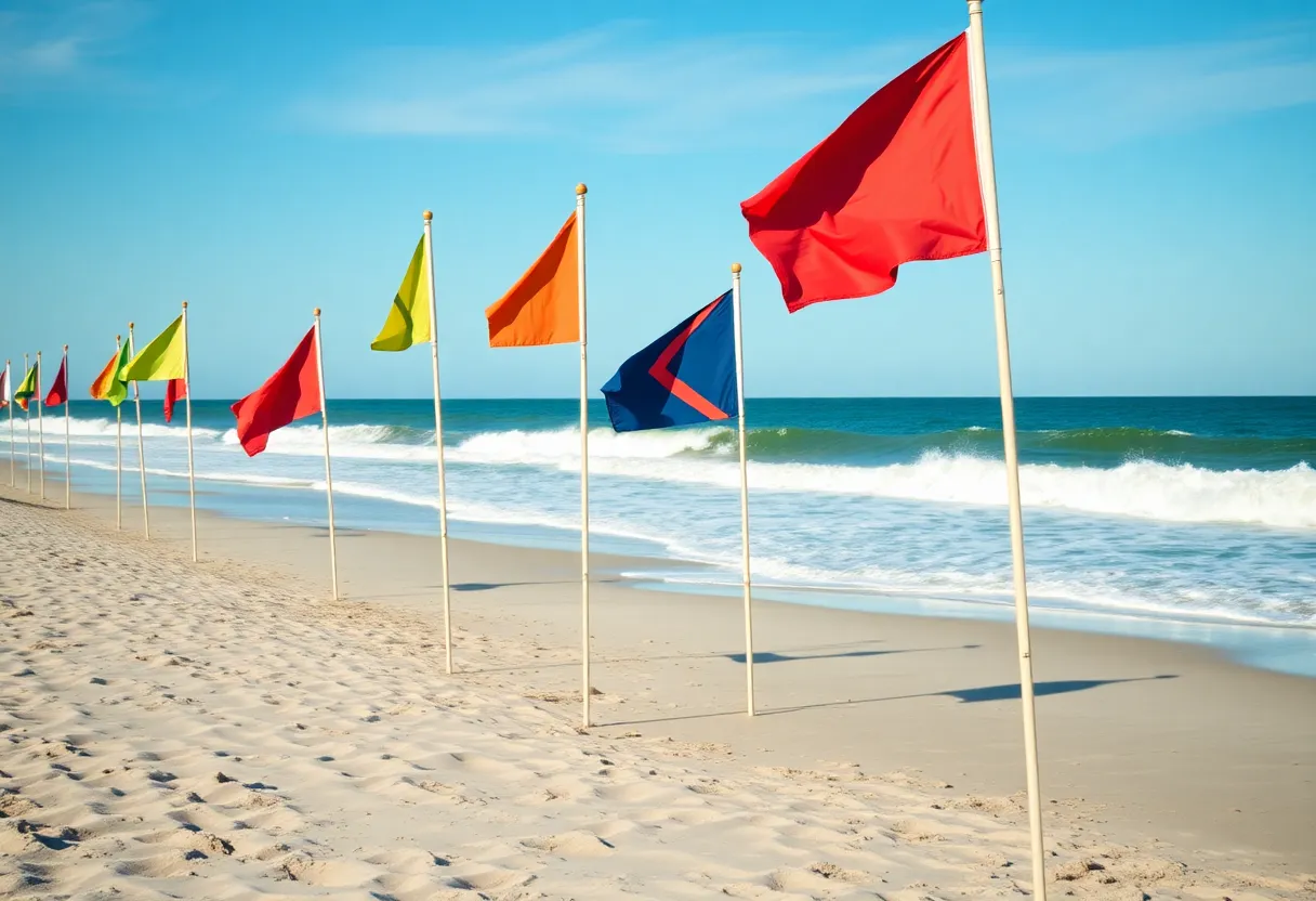 Warning flags on the beach indicating ocean conditions at Hilton Head Island