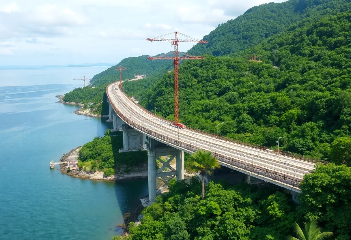 Construction site of the Hilton Head Island bridge with lush greenery