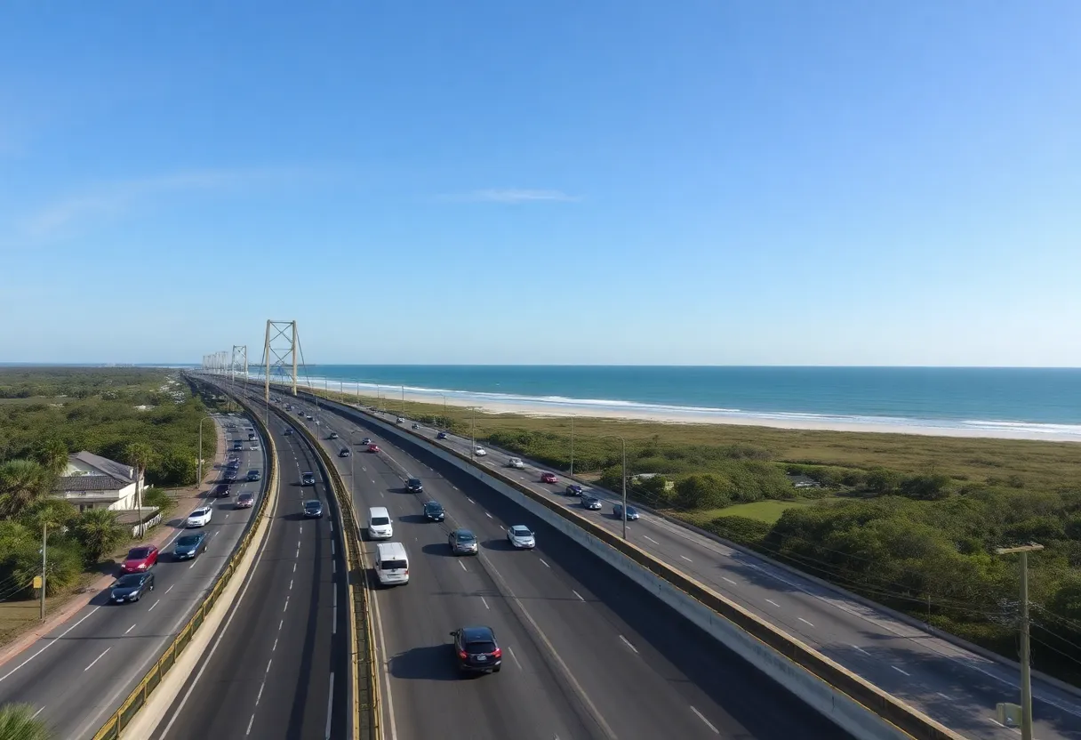 Overview of the Mackay Creek bridge on Hilton Head Island with traffic