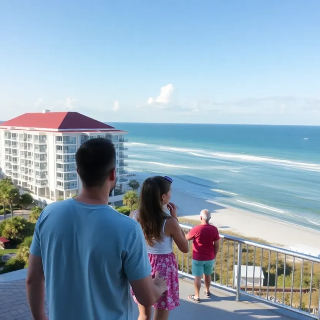 Family enjoying vacation at Hilton Head Island with a hotel in the background