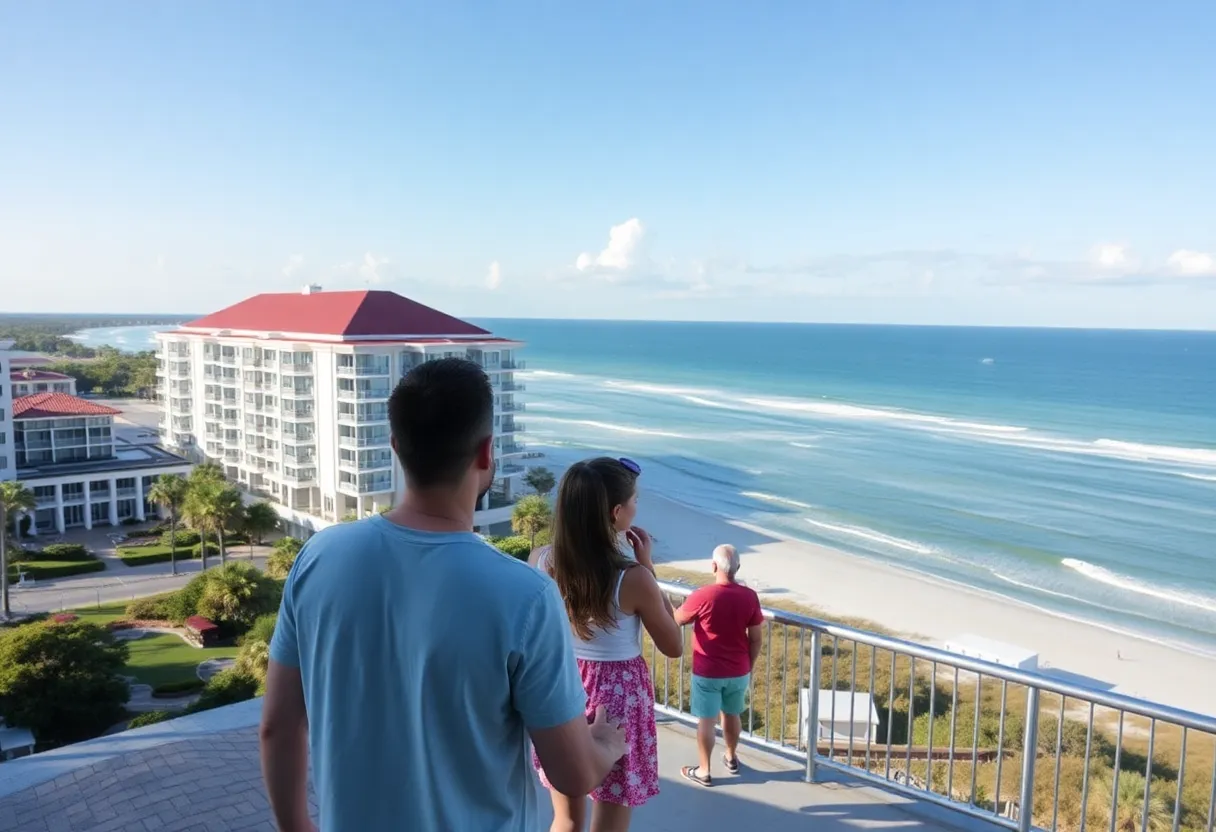 Family enjoying vacation at Hilton Head Island with a hotel in the background