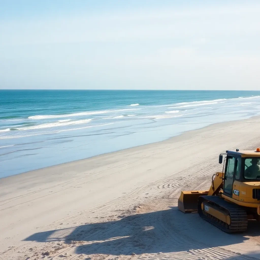 Construction equipment on Hilton Head Island beach during renourishment project.