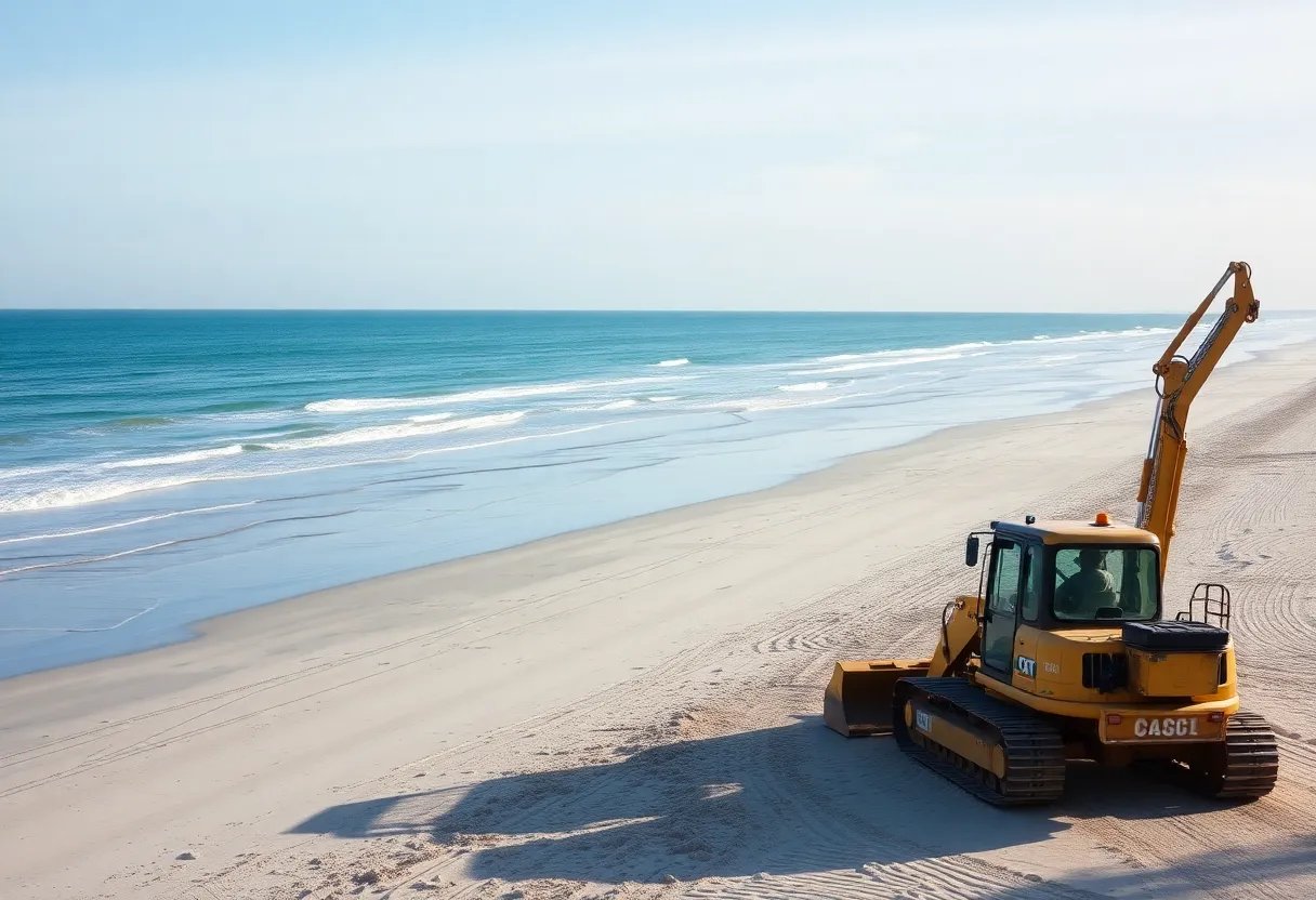 Construction equipment on Hilton Head Island beach during renourishment project.