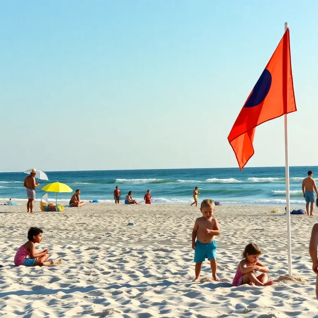Families enjoying a sunny day at Hilton Head Island beach with colorful safety flags.