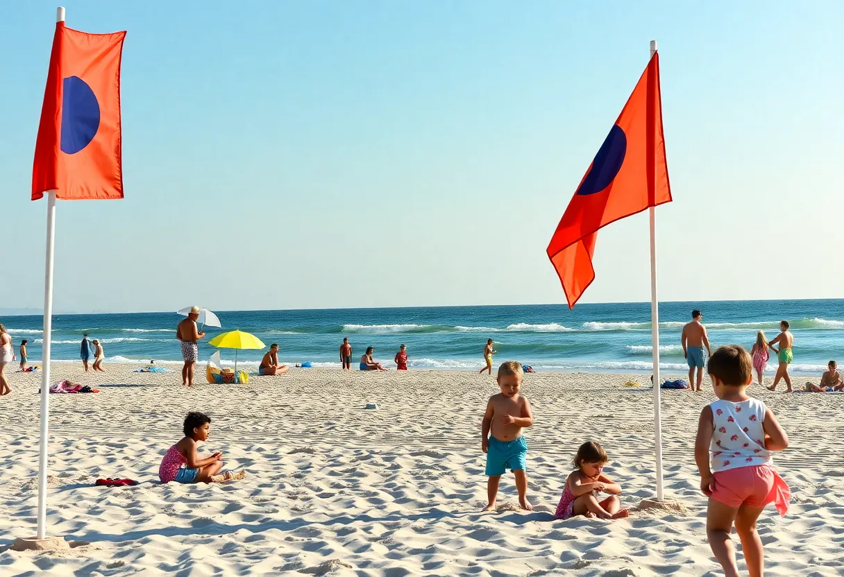 Families enjoying a sunny day at Hilton Head Island beach with colorful safety flags.