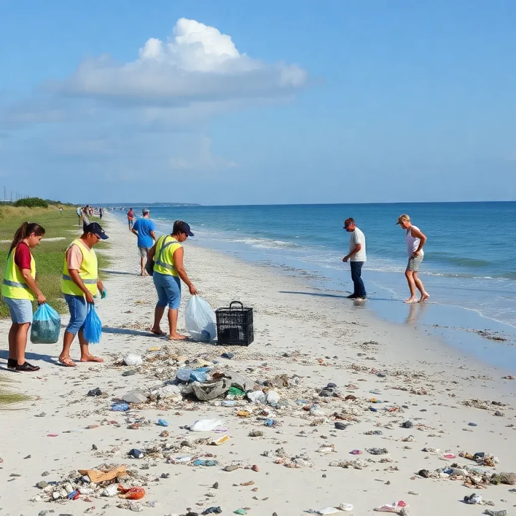 Volunteers collecting litter on Hilton Head Island beach during Earth Day cleanup event