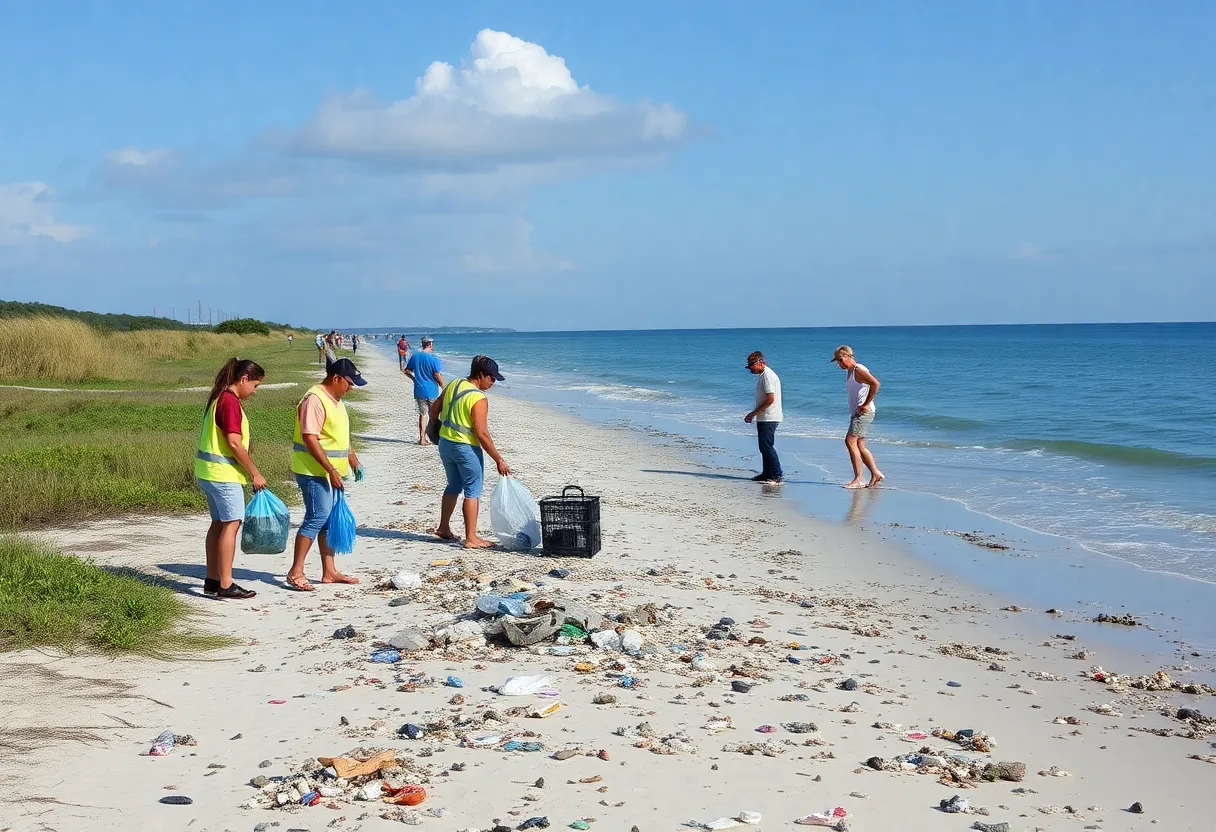 Volunteers collecting litter on Hilton Head Island beach during Earth Day cleanup event