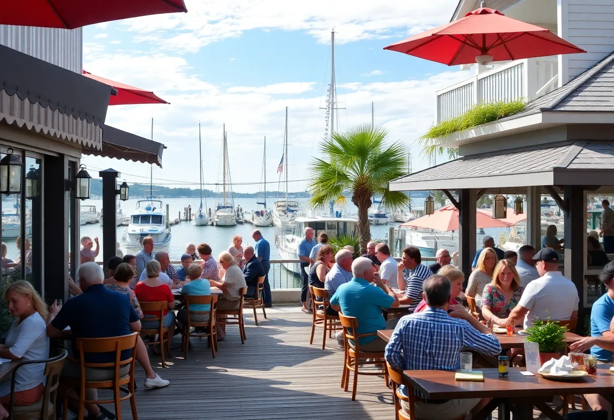 A bustling waterfront restaurant on Hilton Head Island filled with patrons enjoying their meals.