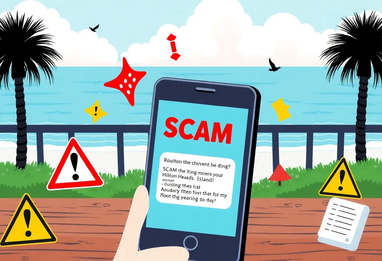 Illustration showing smartphone with scam text and caution signs, representing scams in Hilton Head Island.