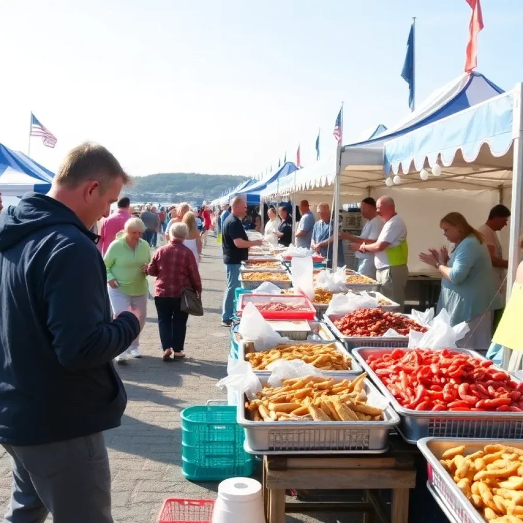 Crowd enjoying the Hilton Head Island Seafood Festival with various seafood dishes on display.