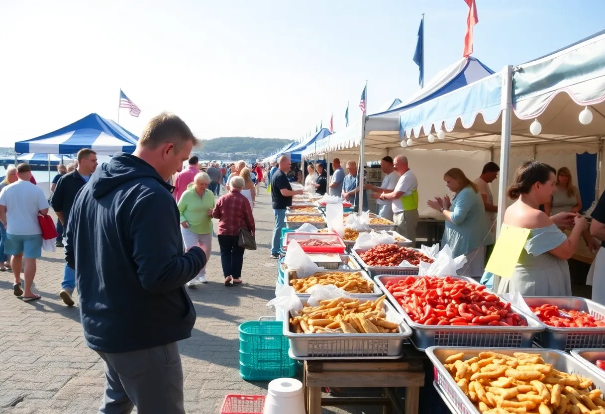 Crowd enjoying the Hilton Head Island Seafood Festival with various seafood dishes on display.