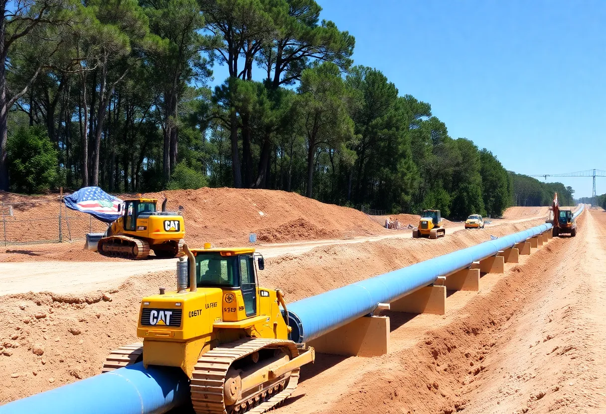 Construction of water pipeline on Hilton Head Island with heavy machinery.