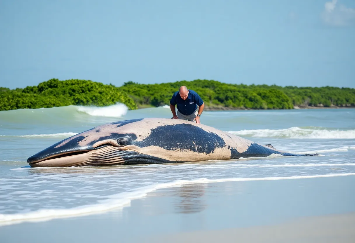 Juvenile sperm whale being examined by marine mammal specialists on Hilton Head Island beach.