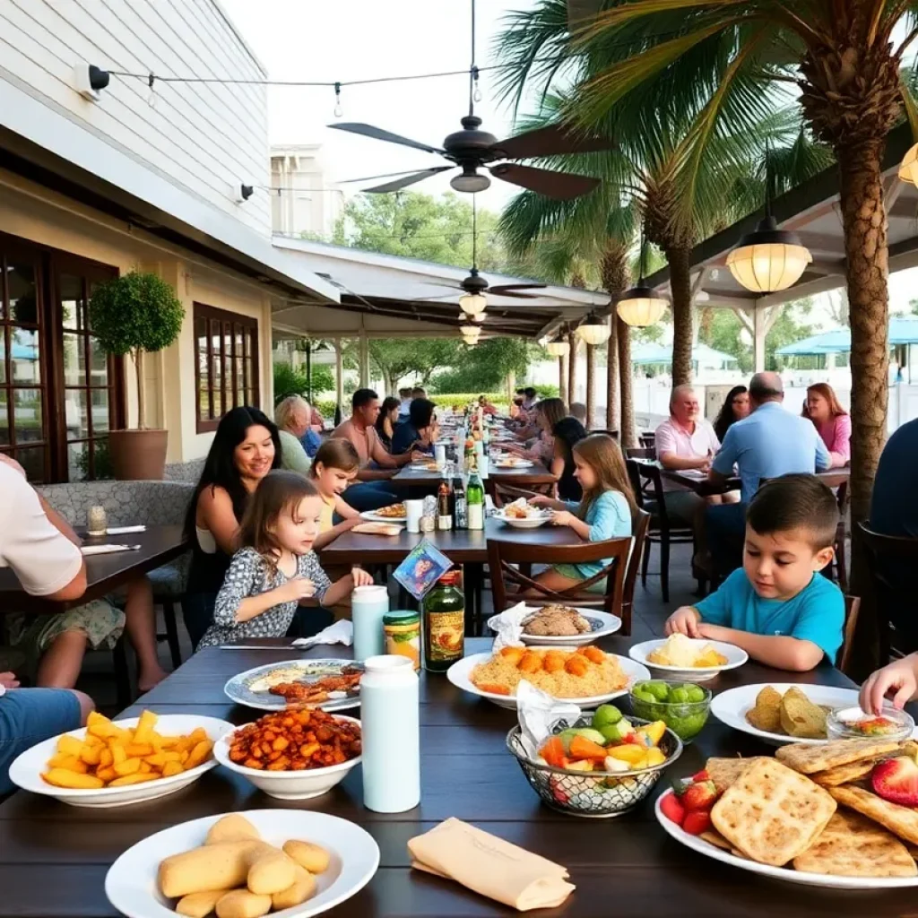 Families enjoying a meal at a kid-friendly restaurant on Hilton Head Island.