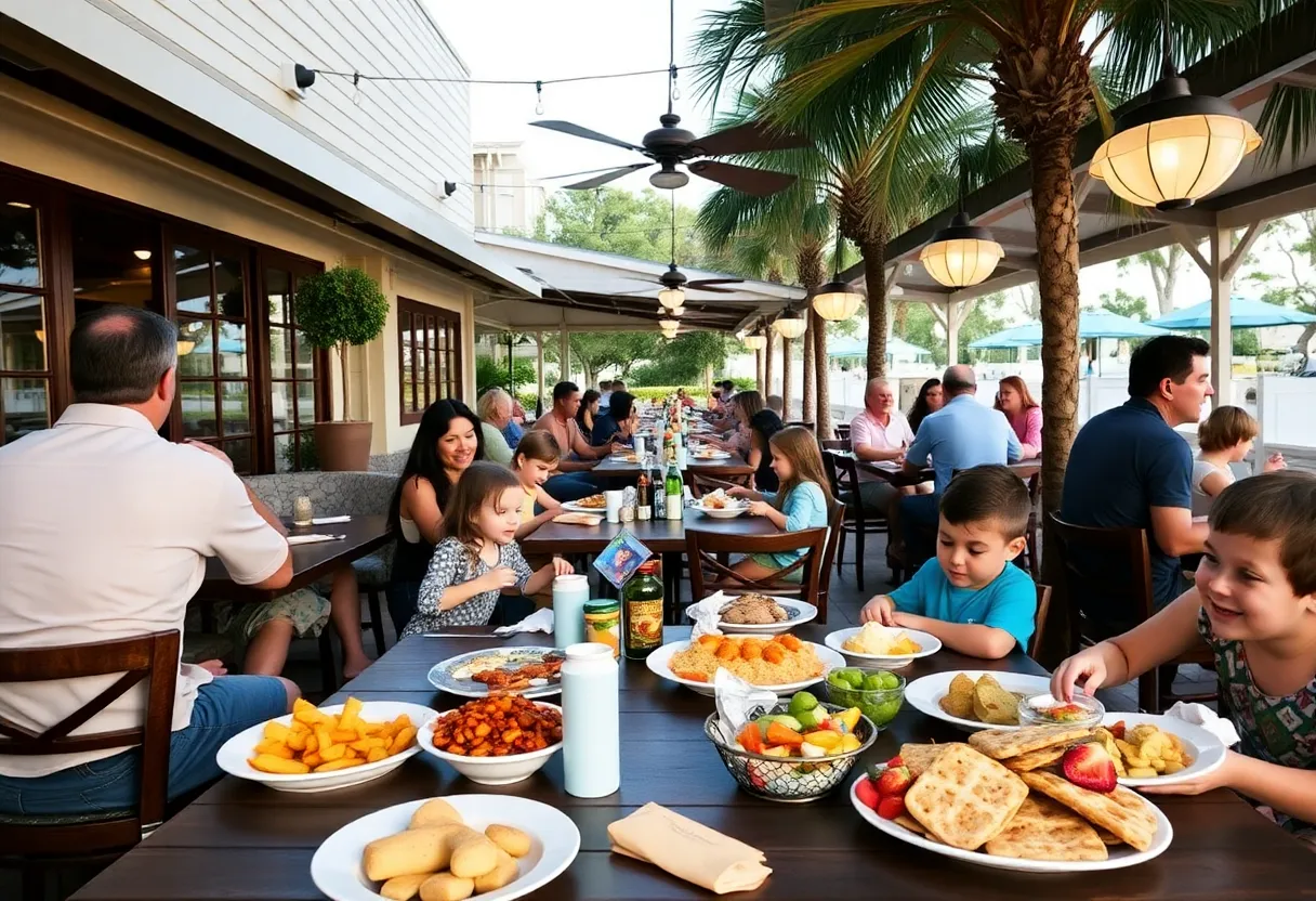Families enjoying a meal at a kid-friendly restaurant on Hilton Head Island.