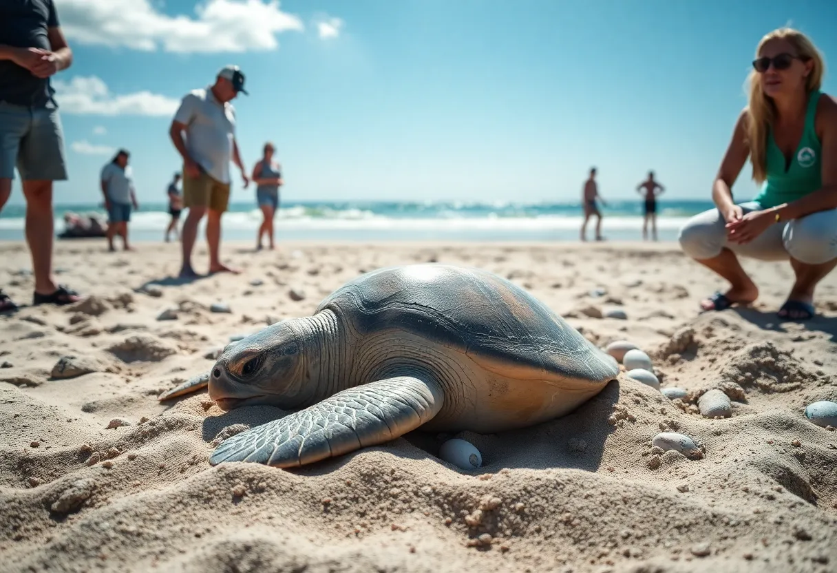 Loggerhead turtle laying eggs on Folly Beach with volunteers nearby