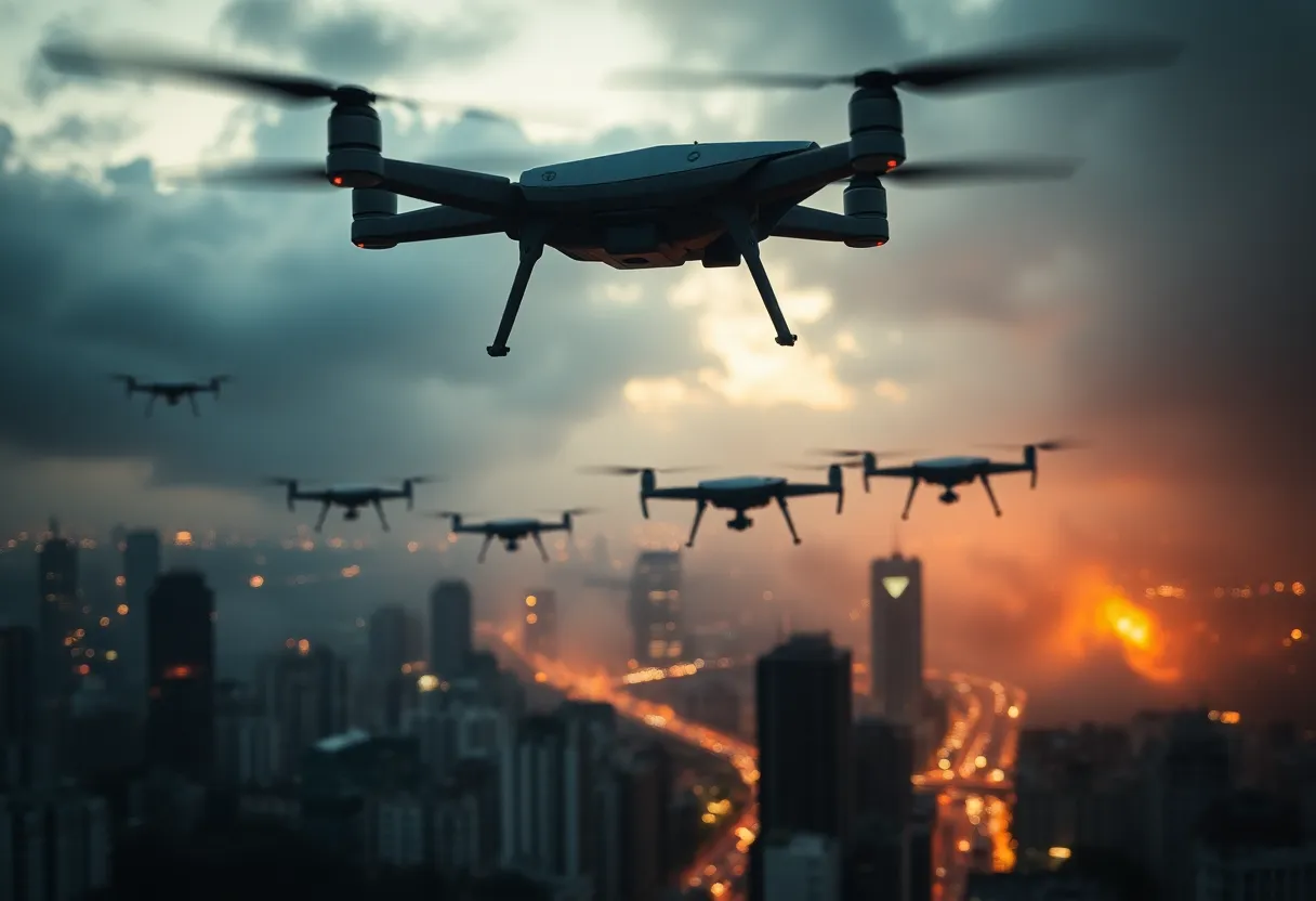 Drones flying over a city during military conflict