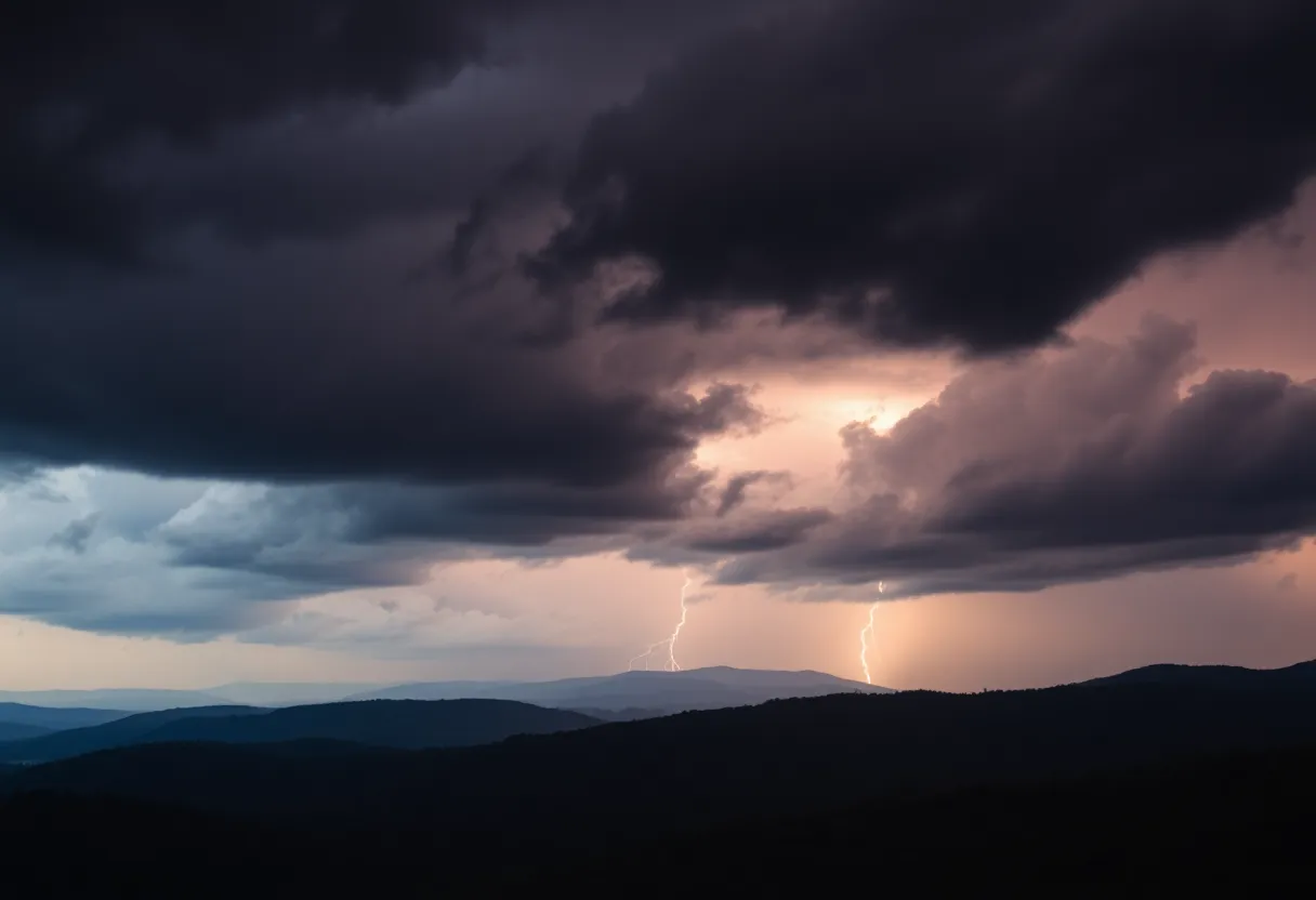 Dark storm clouds over the Oconee and Pickens Mountains