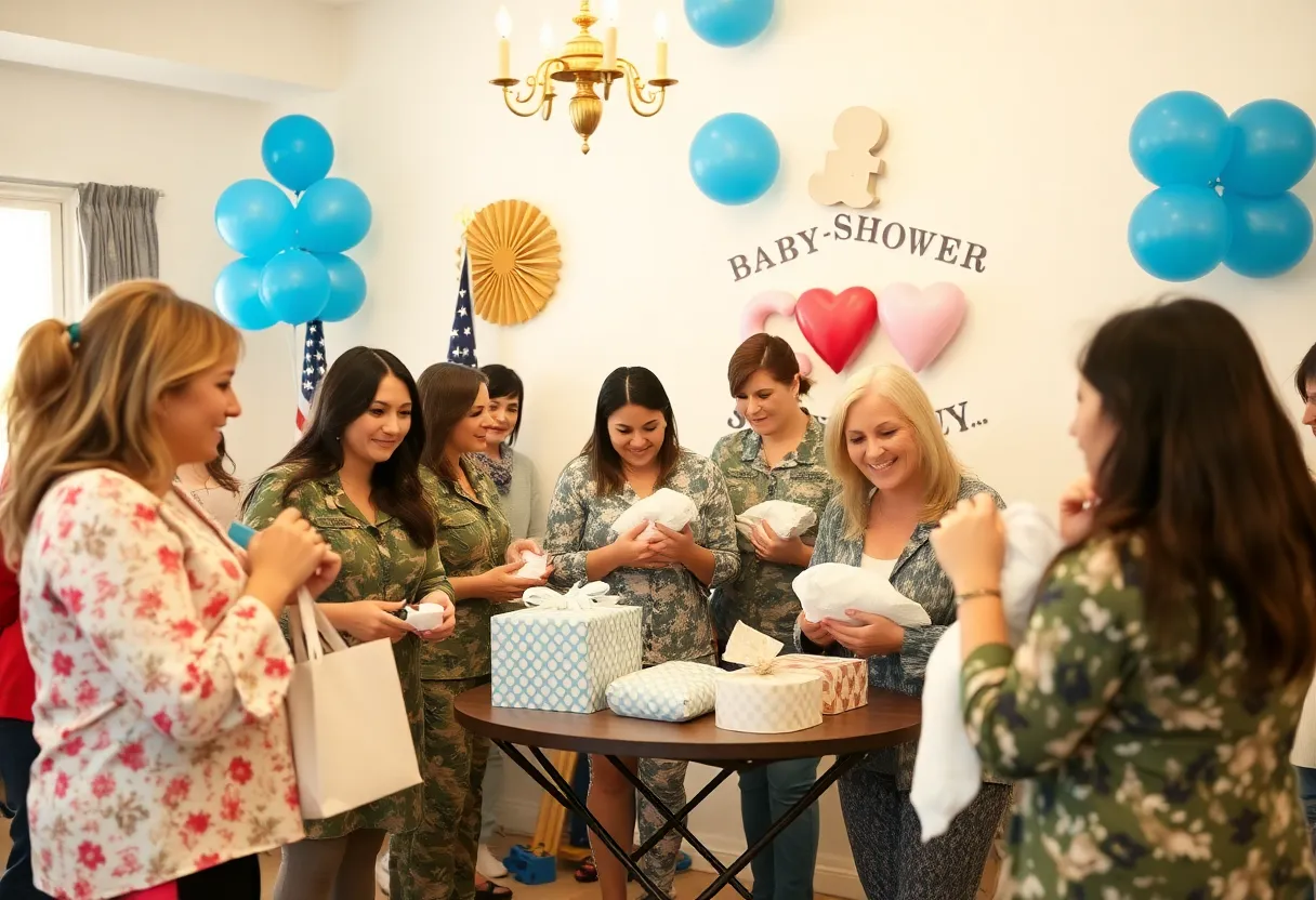 A gathering of military mothers at a baby shower event