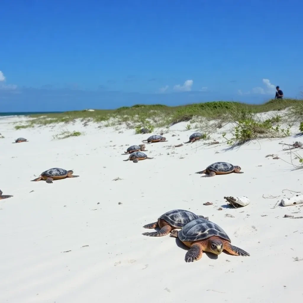 Endangered sea turtles nesting on Pritchards Island beach surrounded by conservation efforts.