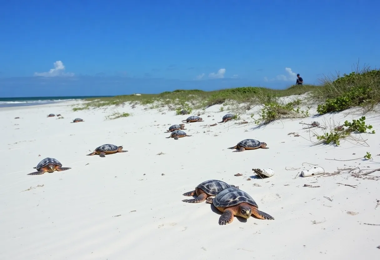 Endangered sea turtles nesting on Pritchards Island beach surrounded by conservation efforts.