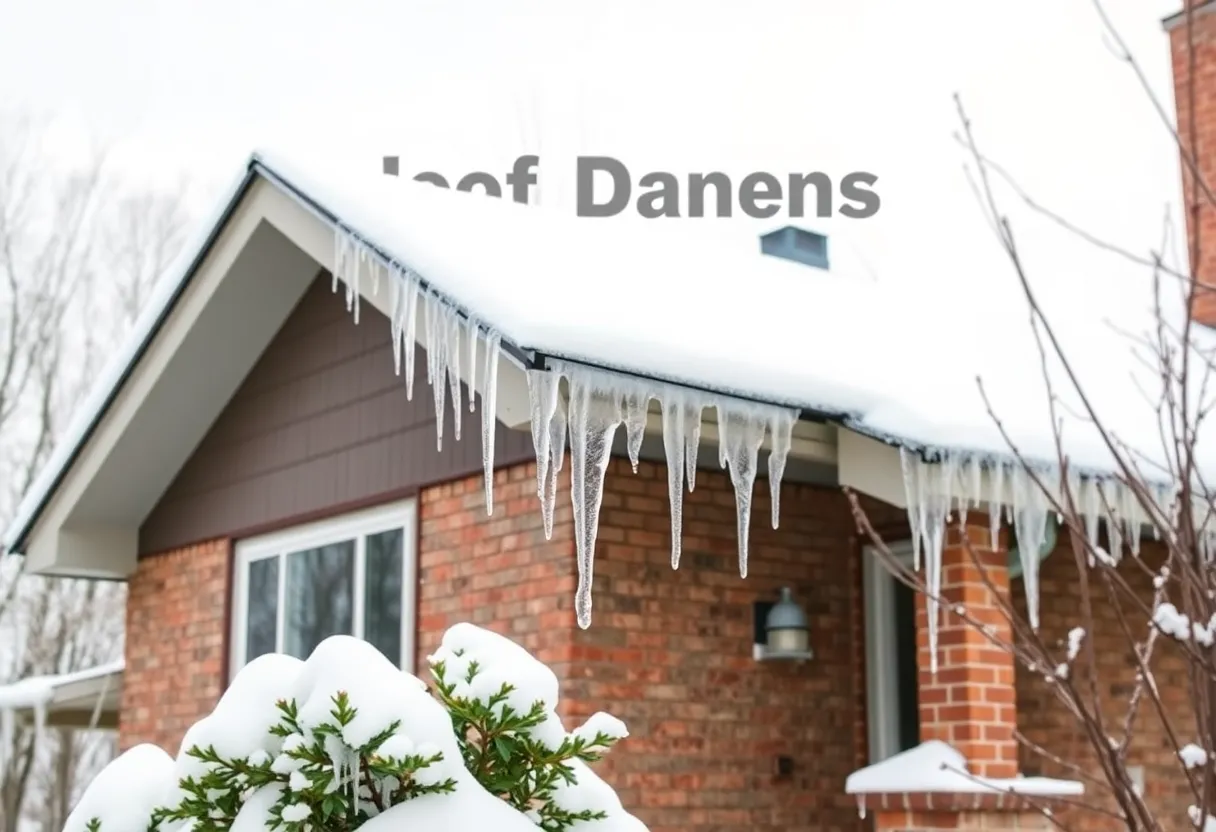 A beautiful winter house with ice buildup on the roof representing roof ice damage prevention techniques.