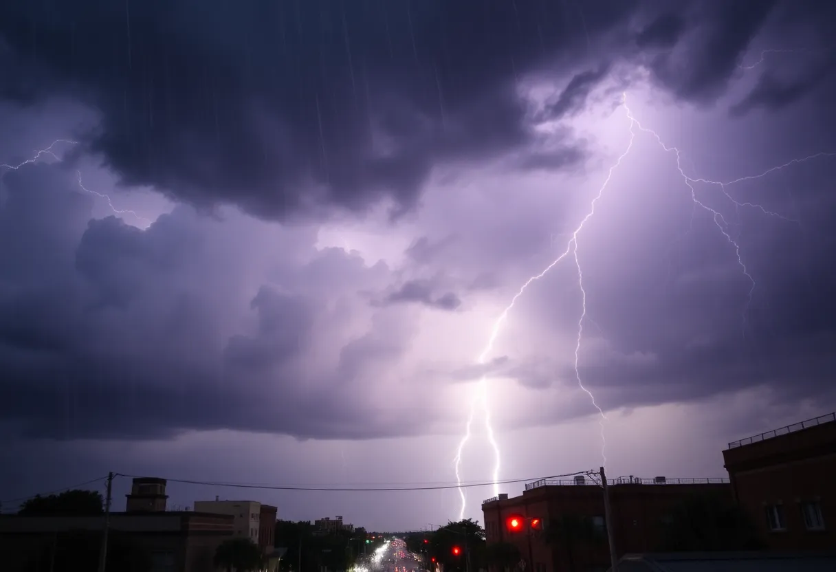 Heavy rain and lightning during a thunderstorm in Savannah