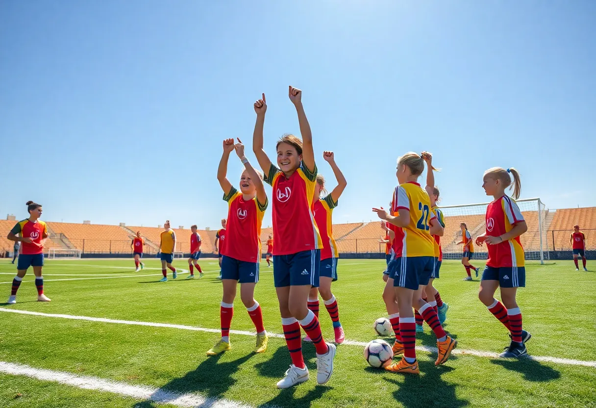 Young athletes celebrating on a soccer field after winning a championship.