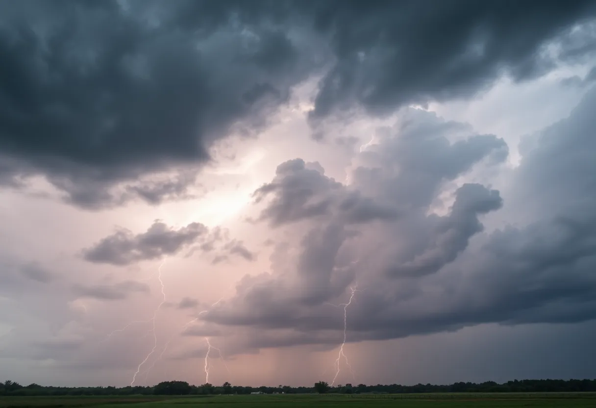 Dark storm clouds and lightning over South Carolina landscape