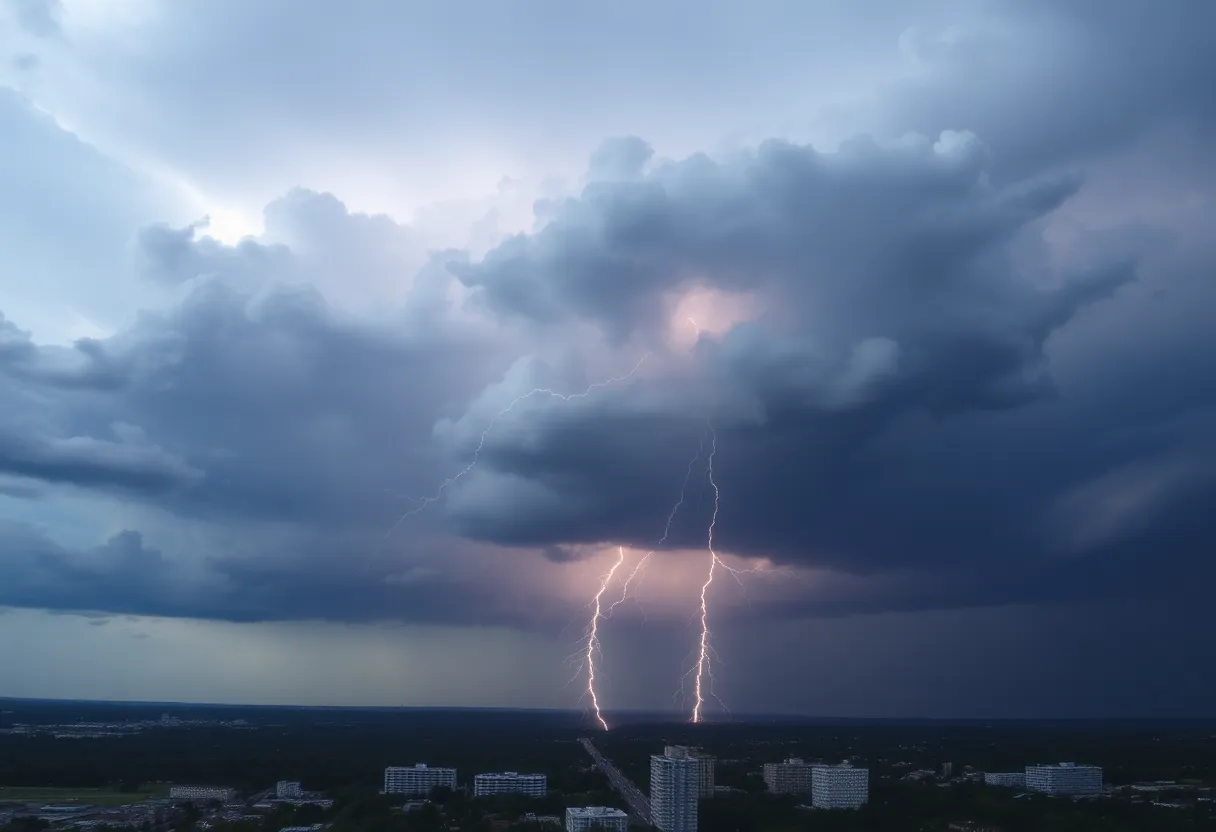 Dark storm clouds with lightning above Charleston