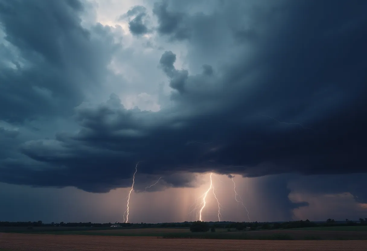 Dramatic storm clouds with lightning over a rural area