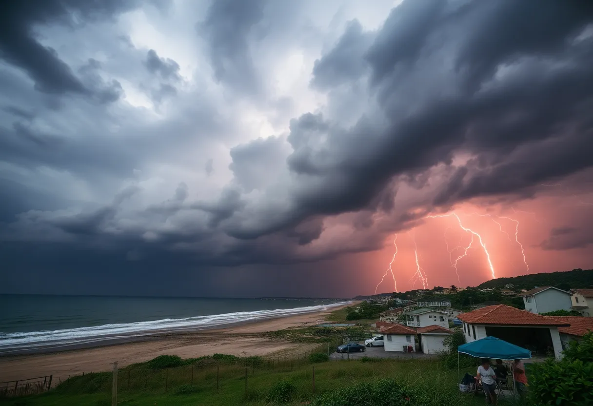 Dramatic thunderstorm approaching Myrtle Beach with dark clouds.