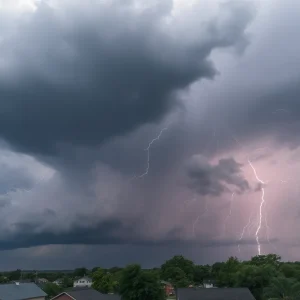 Dark thunderclouds and lightning during a severe thunderstorm over York County.