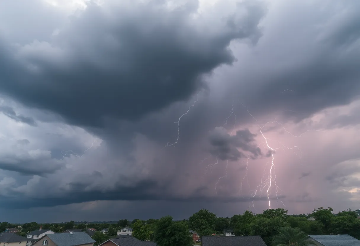 Dark thunderclouds and lightning during a severe thunderstorm over York County.