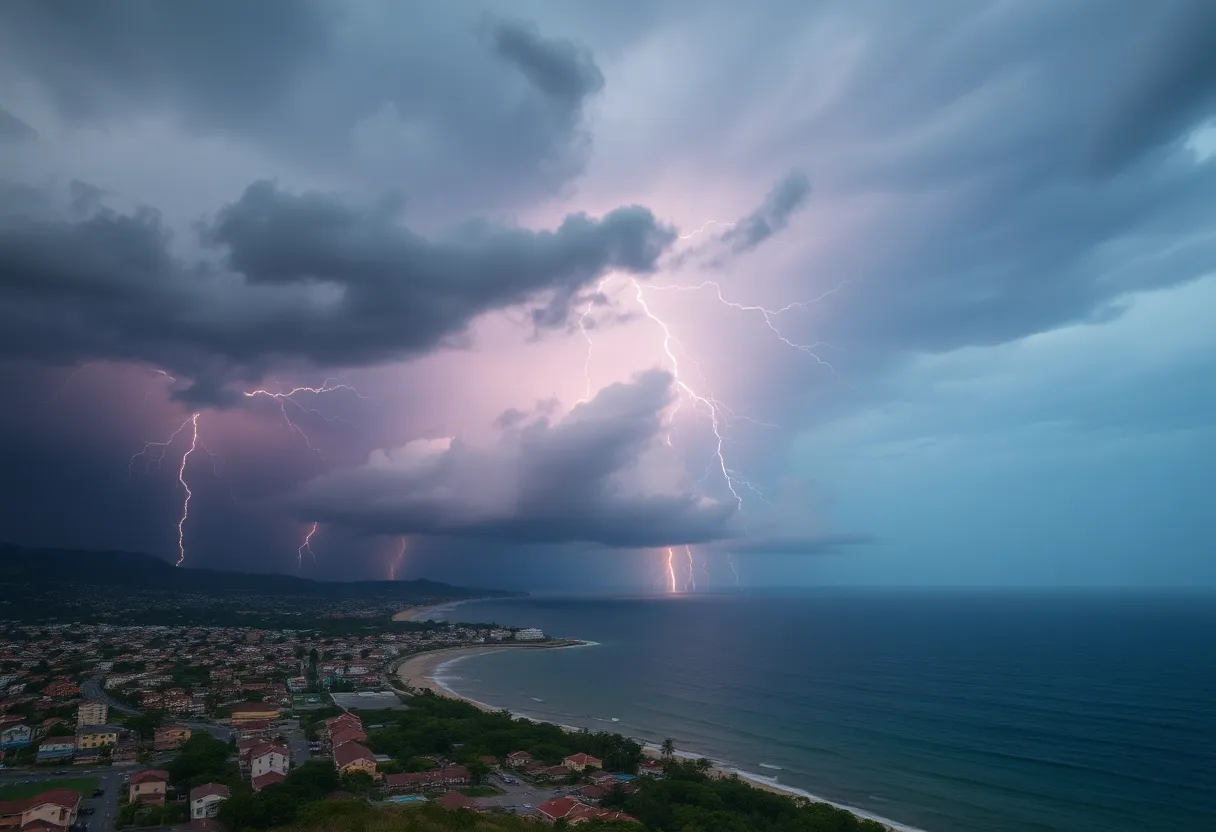 Severe thunderstorms with dark clouds and lightning over a coastal town