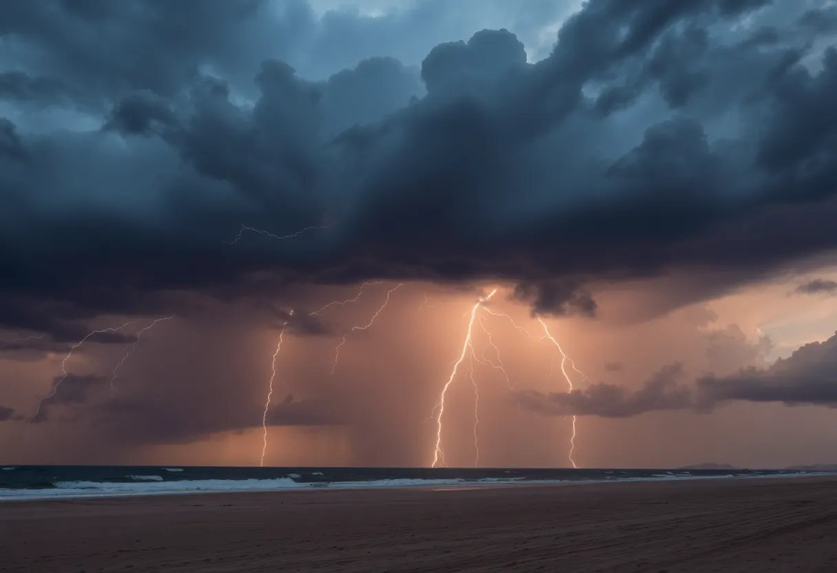Dark storm clouds over a beach indicating severe thunderstorms