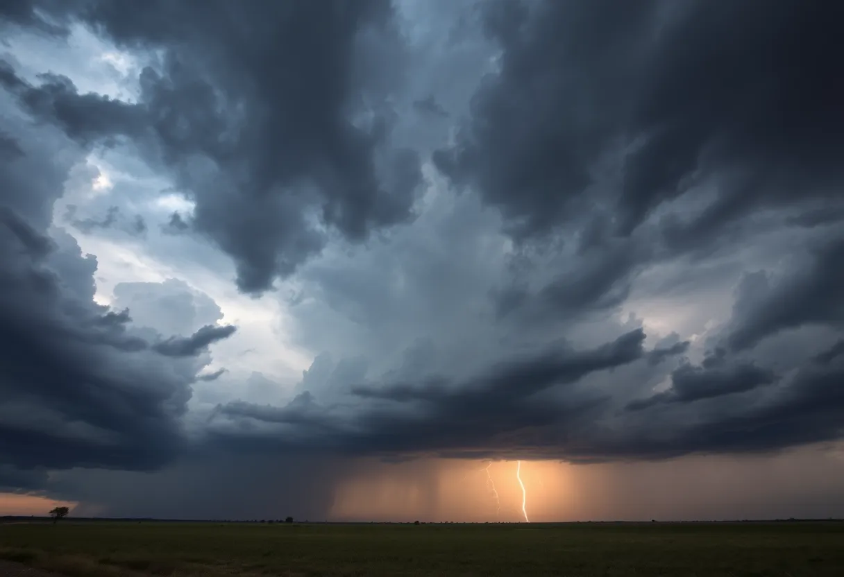 Dark storm clouds gathering over a Texas landscape
