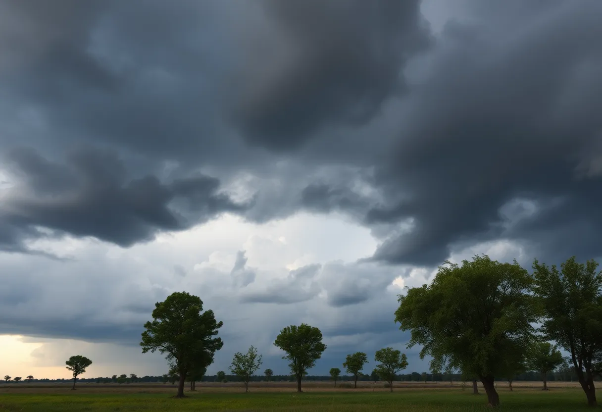 Dark storm clouds and lightning over a rural area during severe thunderstorms