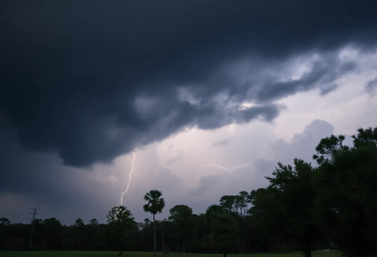 Dark storm clouds and lightning over South Carolina